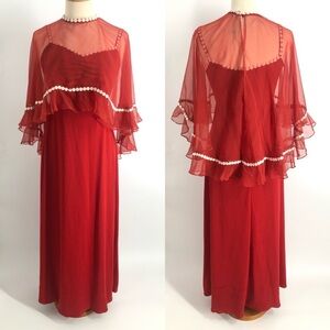Vintage 70's Caplet a-line maxi dress zipper ruffle sheer sexy